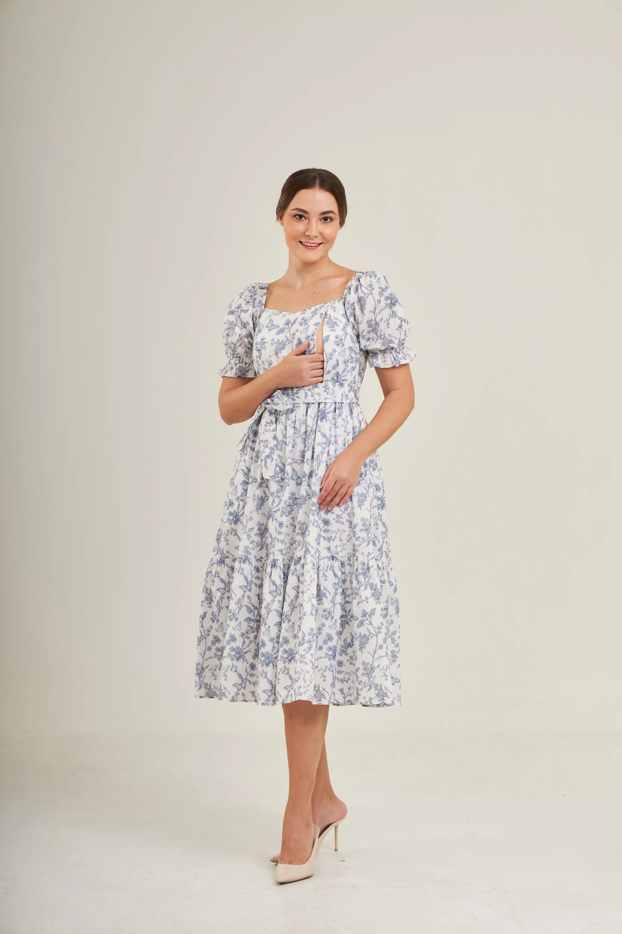 Ann Midi Dress with Nursing Zippers in Blue Toile Butterfly - Image 11