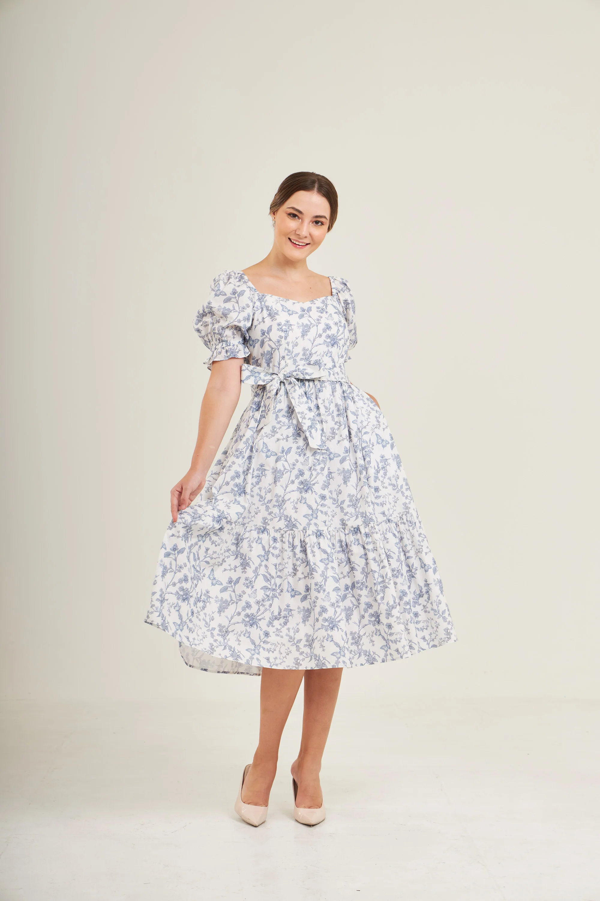 Ann Midi Dress with Nursing Zippers in Blue Toile Butterfly - Image 13