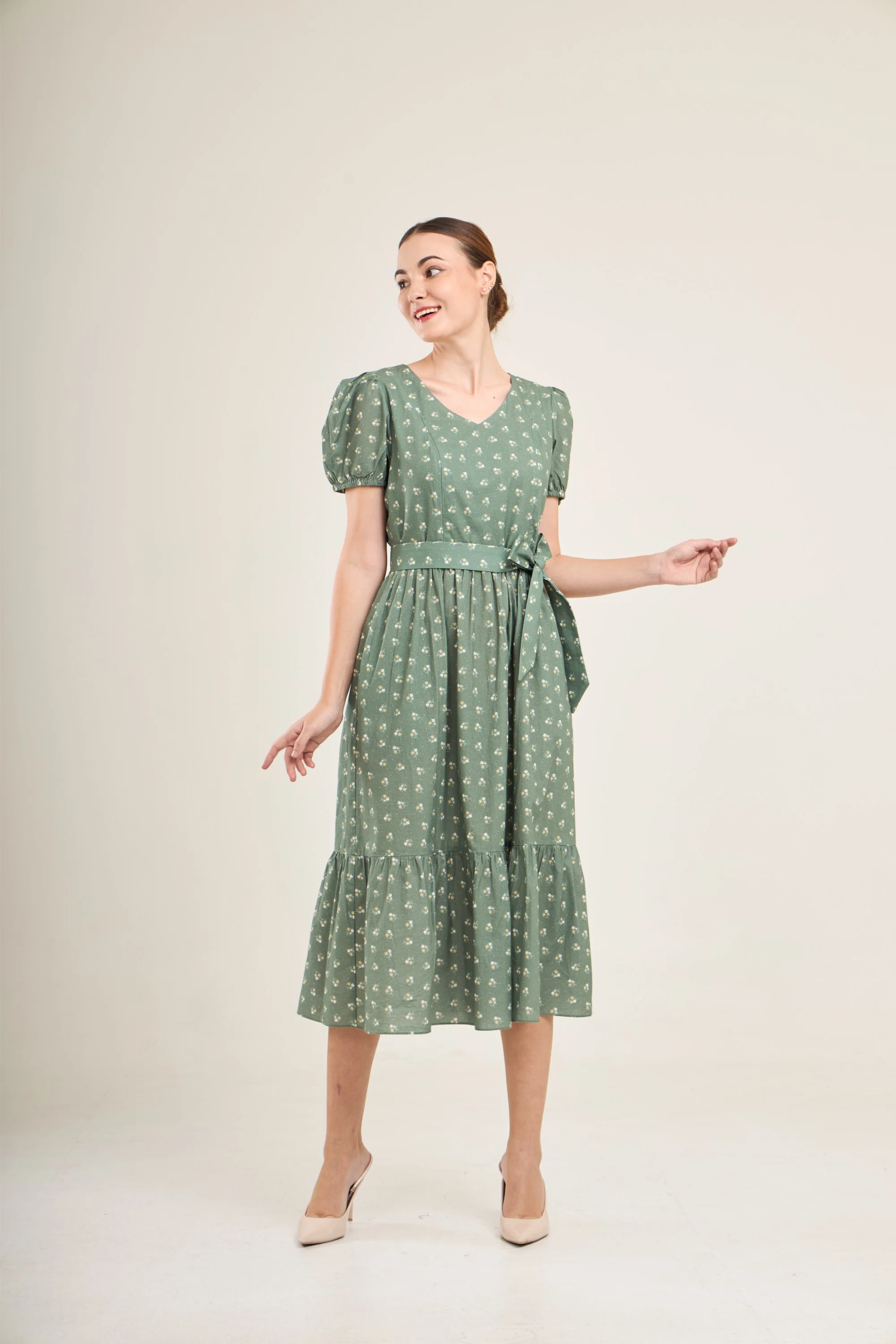 Charming Cotton Dress with Nursing Zippers in Green Floral (Final Sale) - Image 3