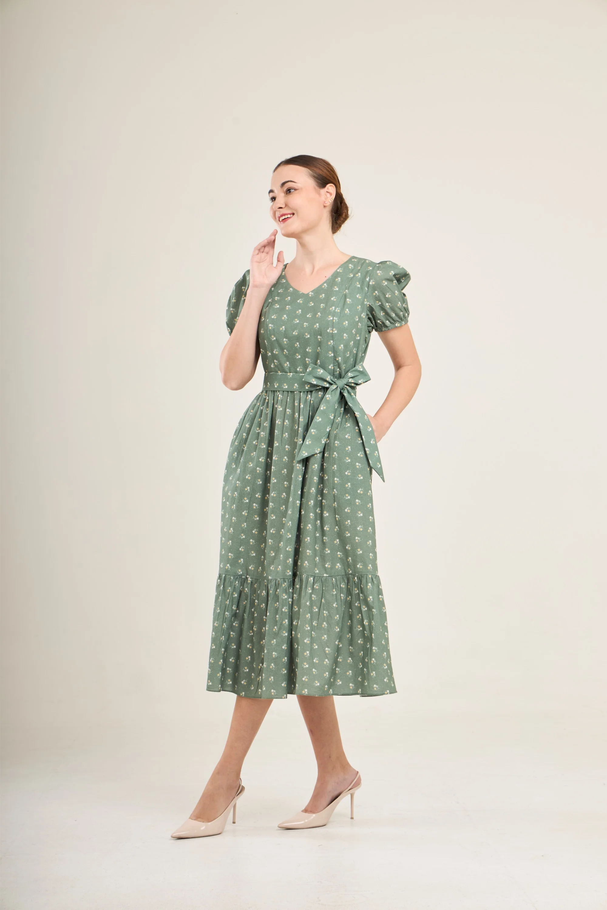 Charming Cotton Dress with Nursing Zippers in Green Floral (Final Sale) - Image 8