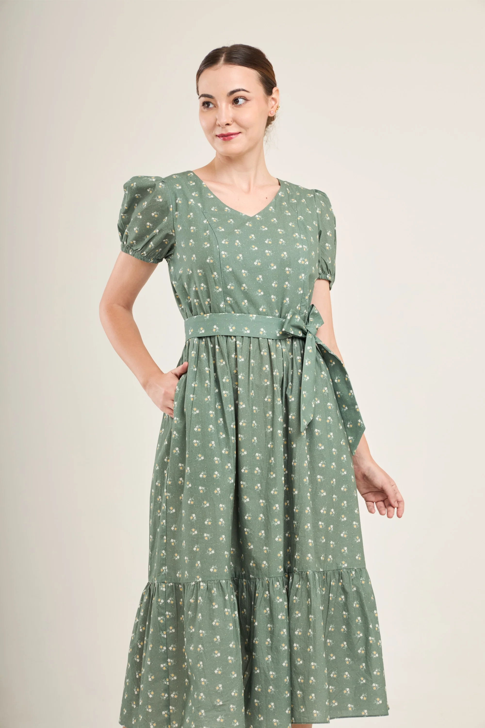 Charming Cotton Dress with Nursing Zippers in Green Floral (Final Sale) - Image 9