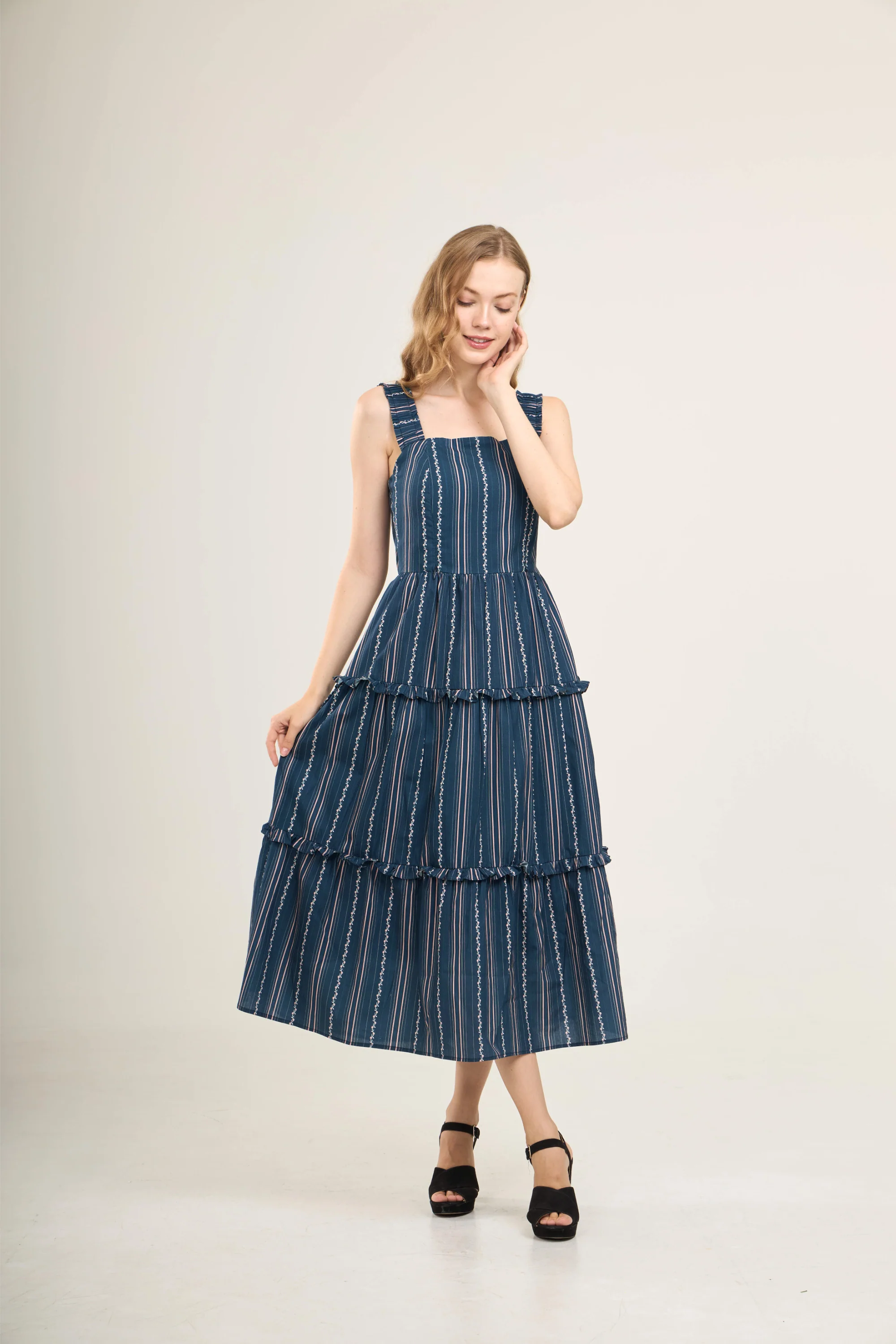 Kanya Dress with Nursing Zippers in Navy Vine Stripe - Image 3