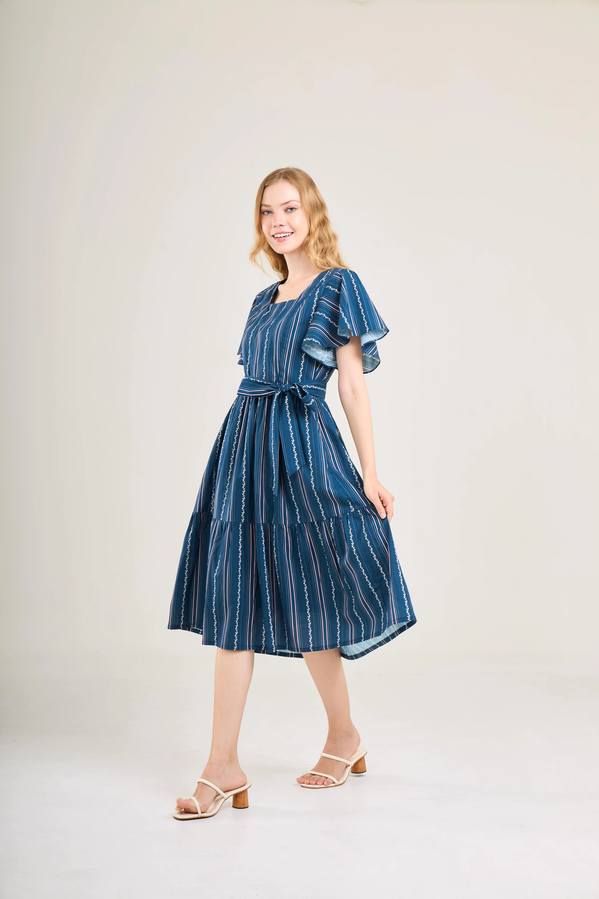 Princess Cotton Midi Dress with Nursing Zippers in Navy Vine Stripe - Image 10