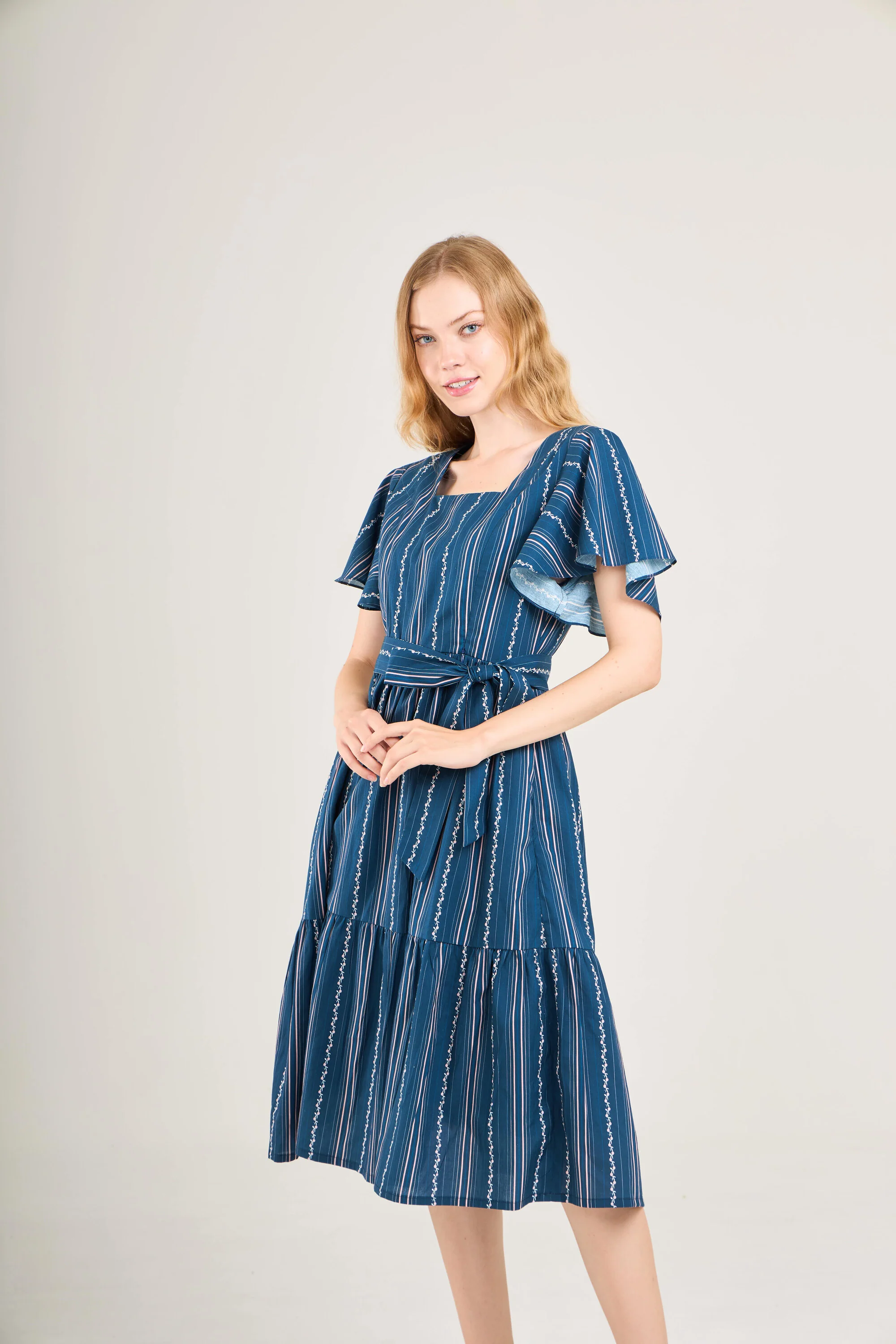 Princess Cotton Midi Dress with Nursing Zippers in Navy Vine Stripe - Image 11