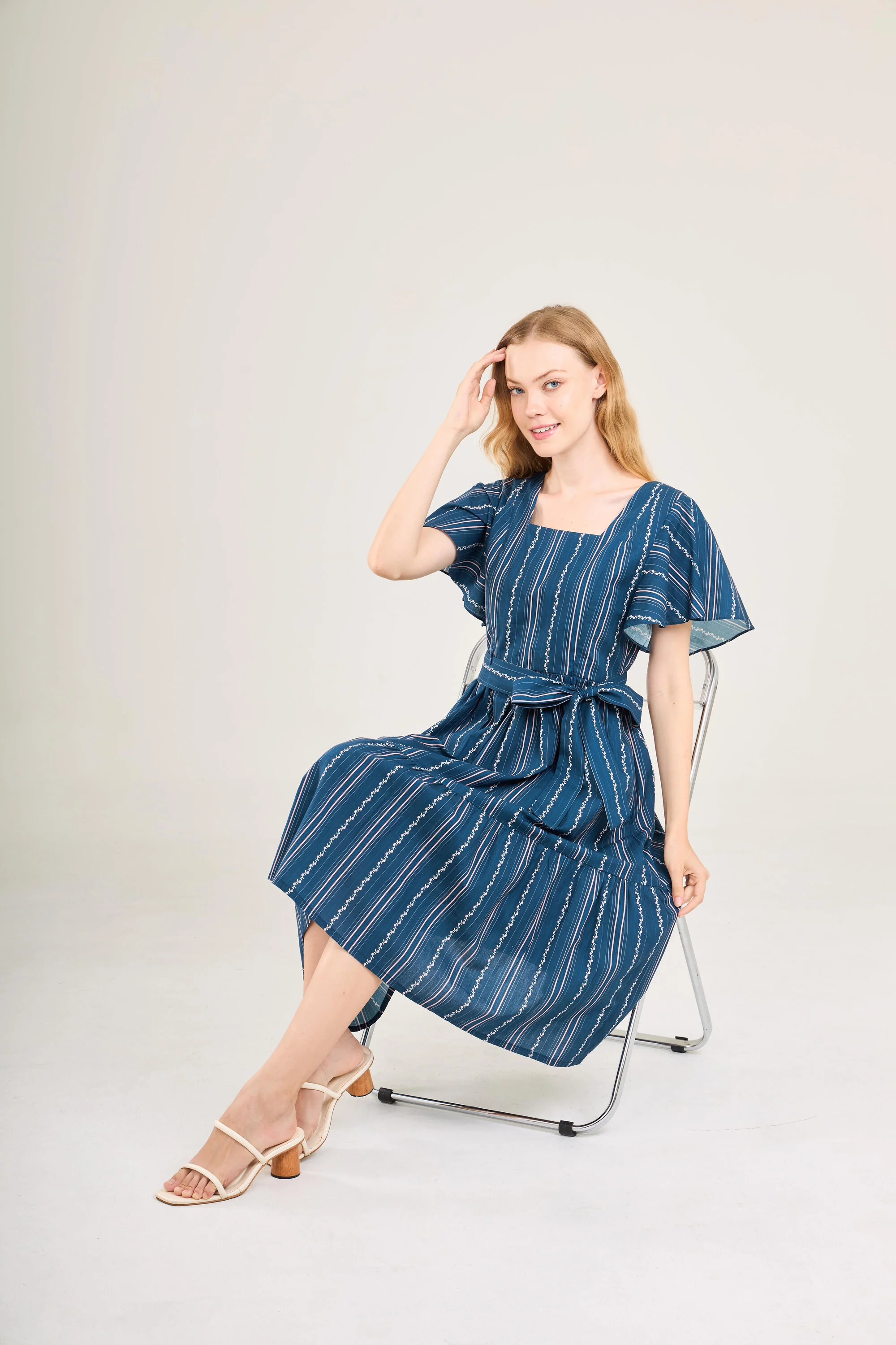 Princess Cotton Midi Dress with Nursing Zippers in Navy Vine Stripe - Image 12