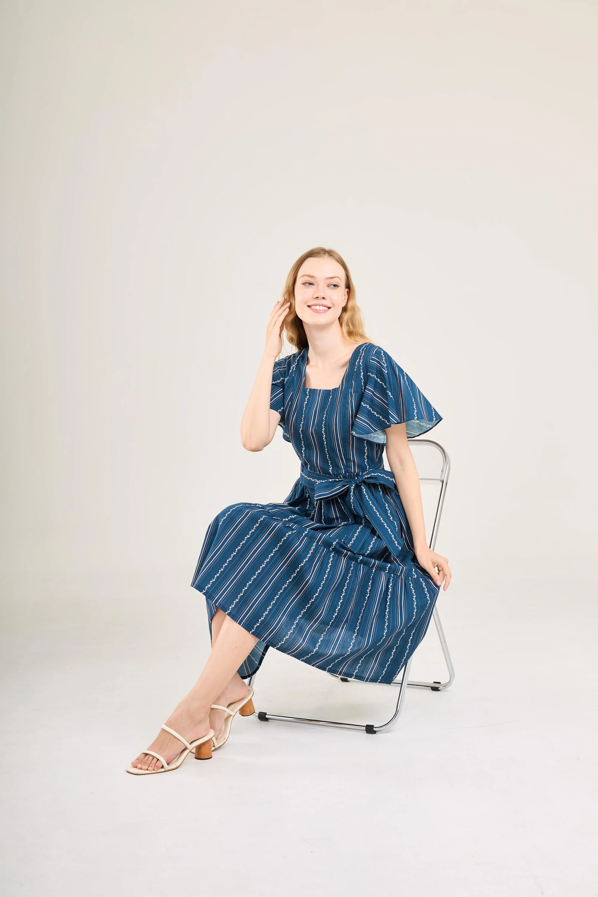Princess Cotton Midi Dress with Nursing Zippers in Navy Vine Stripe - Image 13