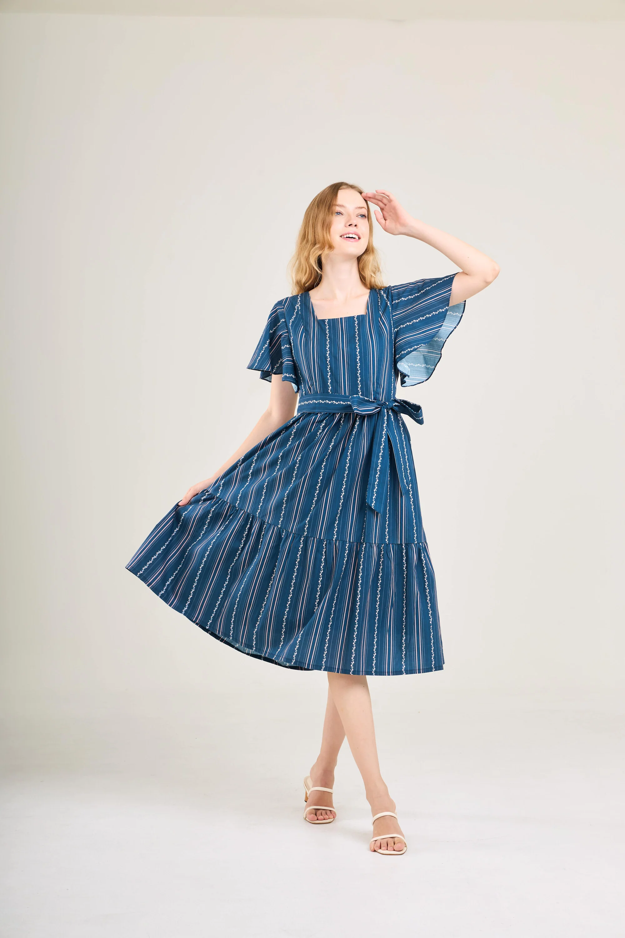 Princess Cotton Midi Dress with Nursing Zippers in Navy Vine Stripe - Image 3