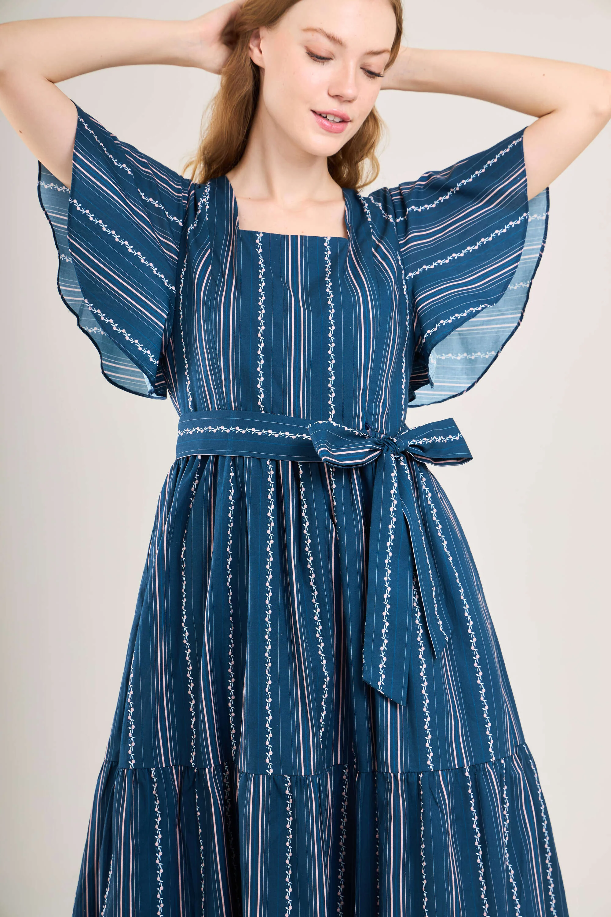 Princess Cotton Midi Dress with Nursing Zippers in Navy Vine Stripe - Image 5