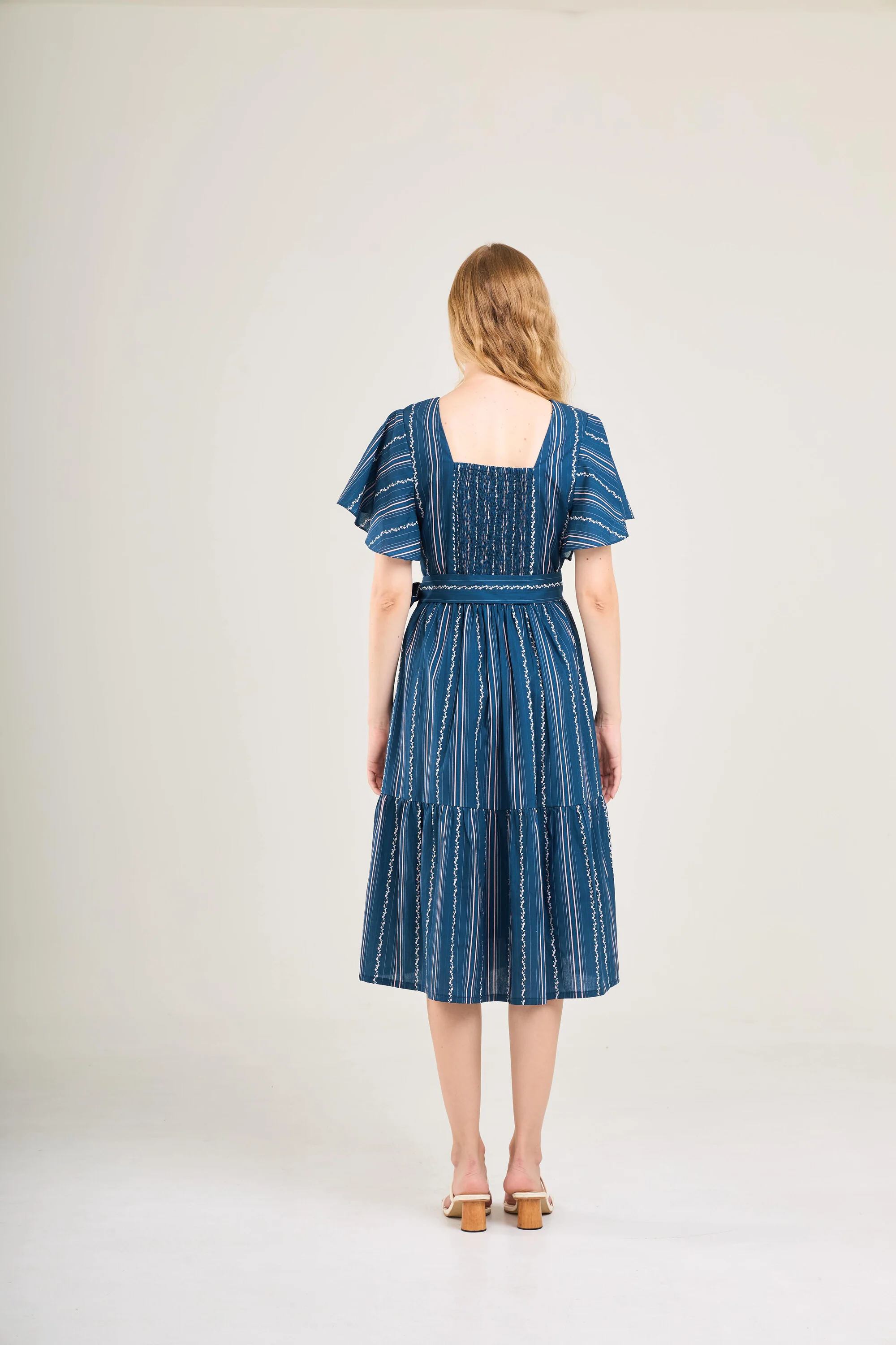 Princess Cotton Midi Dress with Nursing Zippers in Navy Vine Stripe - Image 6