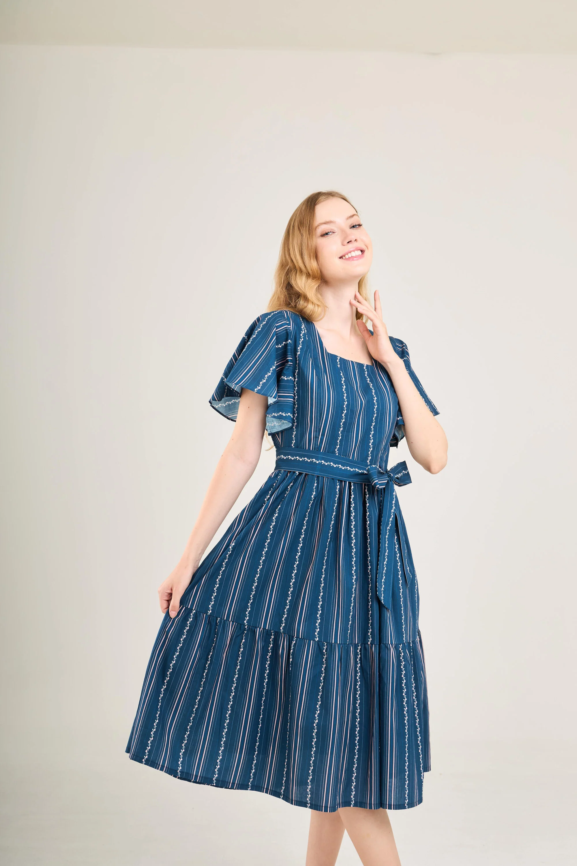 Princess Cotton Midi Dress with Nursing Zippers in Navy Vine Stripe - Image 7