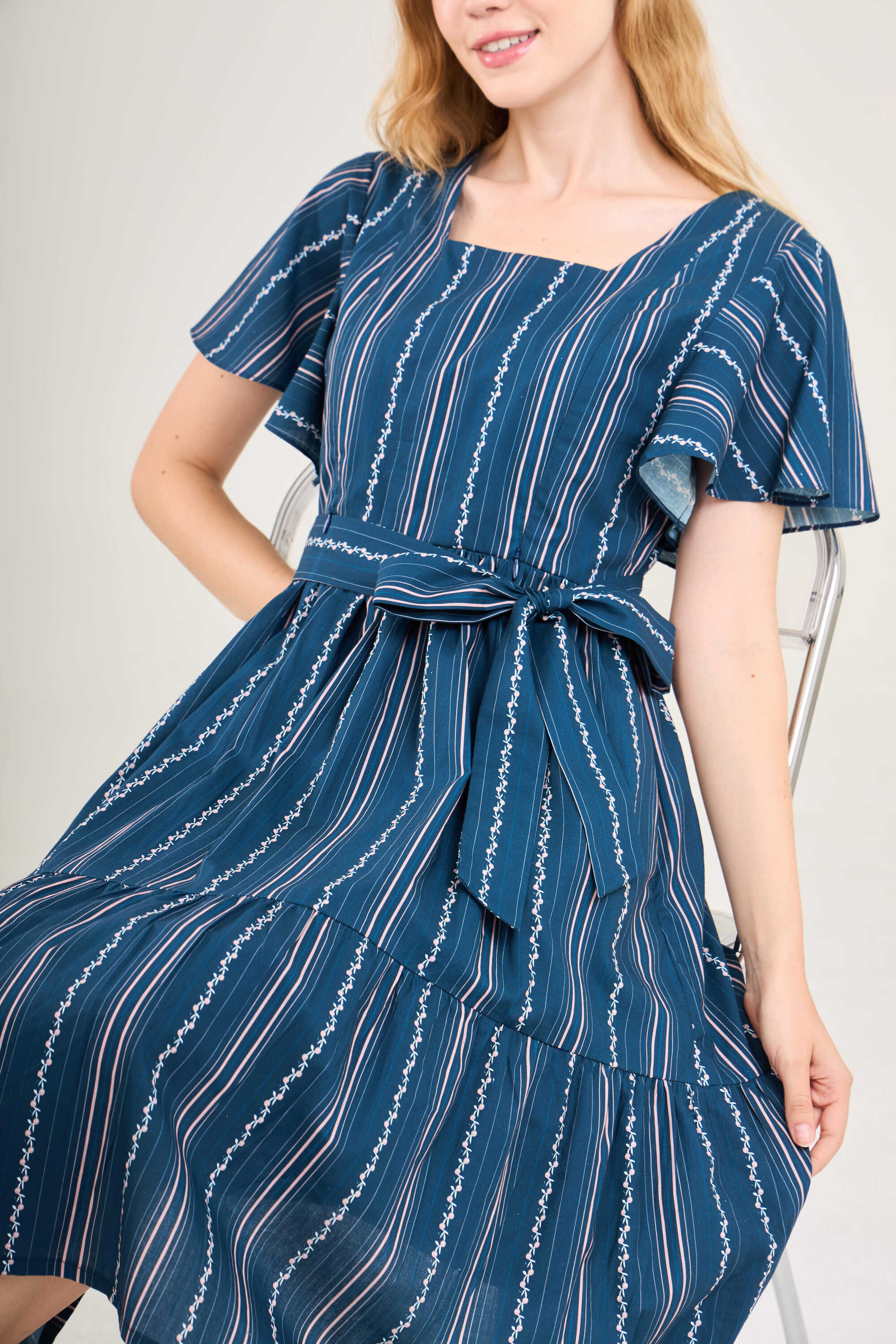 Princess Cotton Midi Dress with Nursing Zippers in Navy Vine Stripe - Image 8