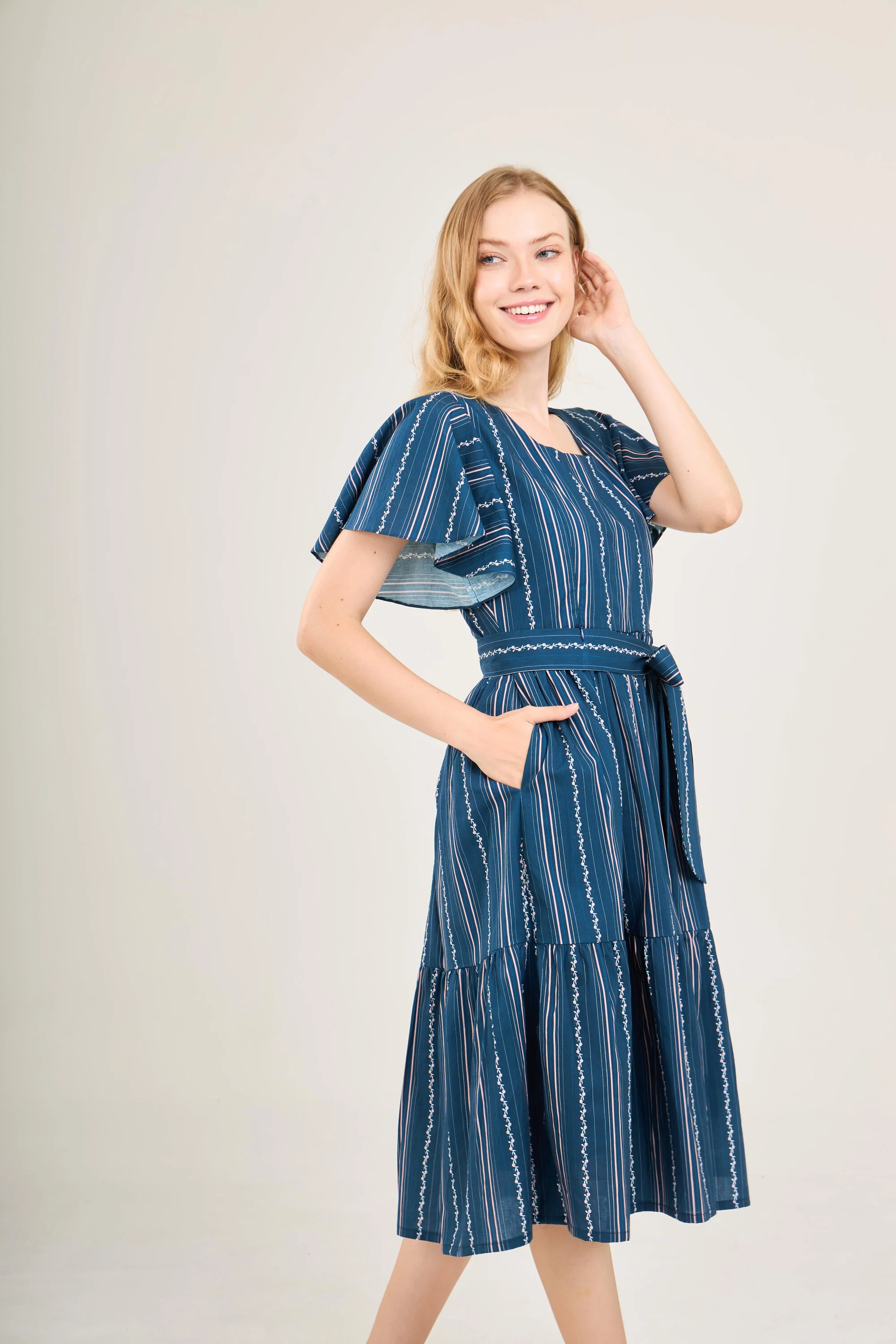 Princess Cotton Midi Dress with Nursing Zippers in Navy Vine Stripe - Image 9