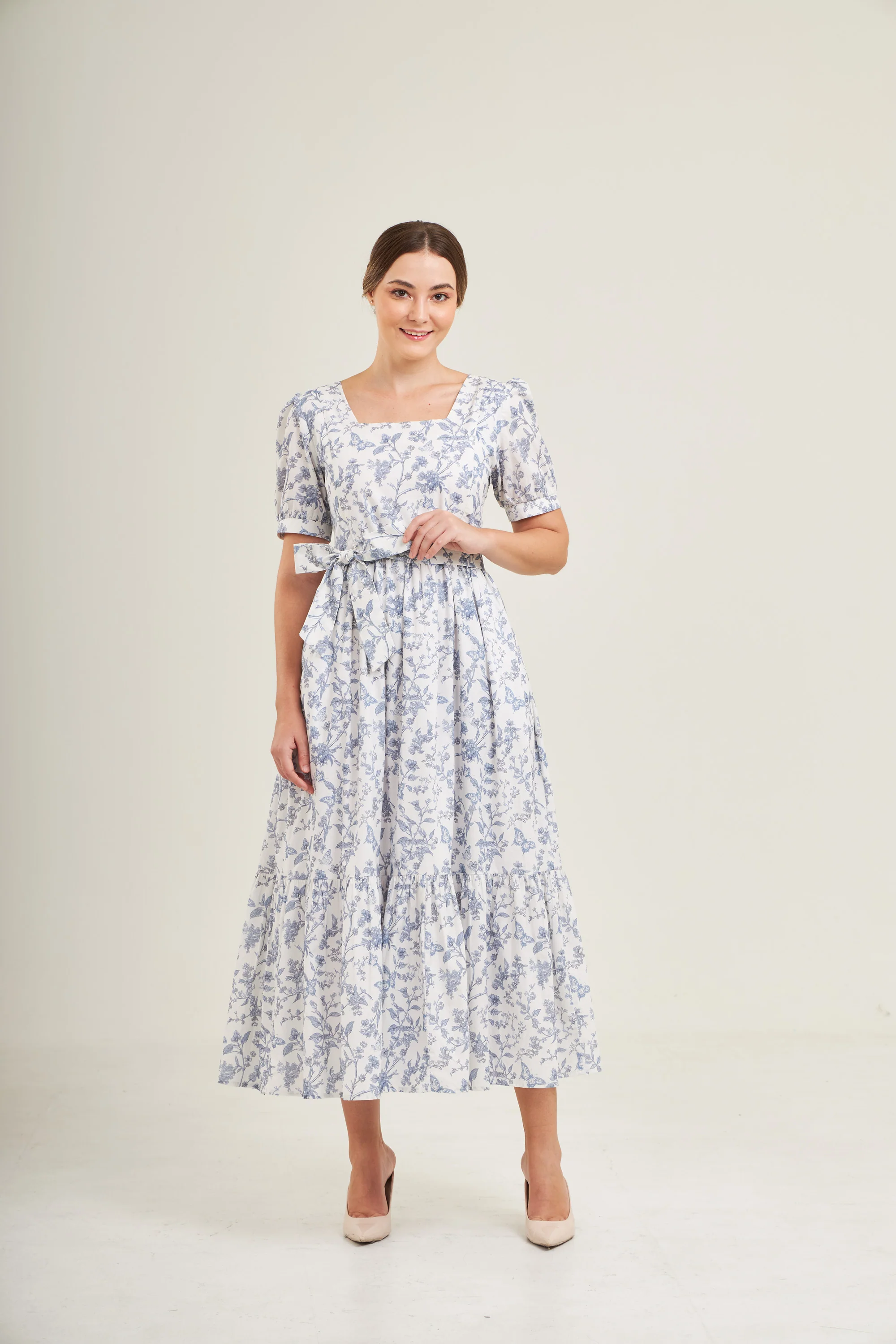 Versa Maxi Dress with Nursing Zippers in Blue Toile Butterfly - Image 3