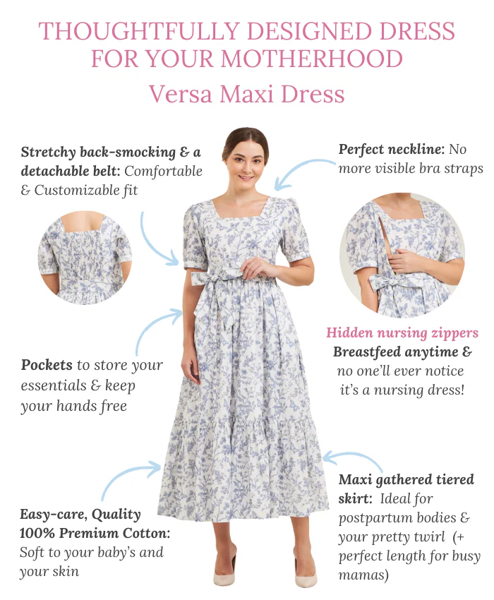 Versa Maxi Dress with Nursing Zippers in Blue Toile Butterfly - Image 4